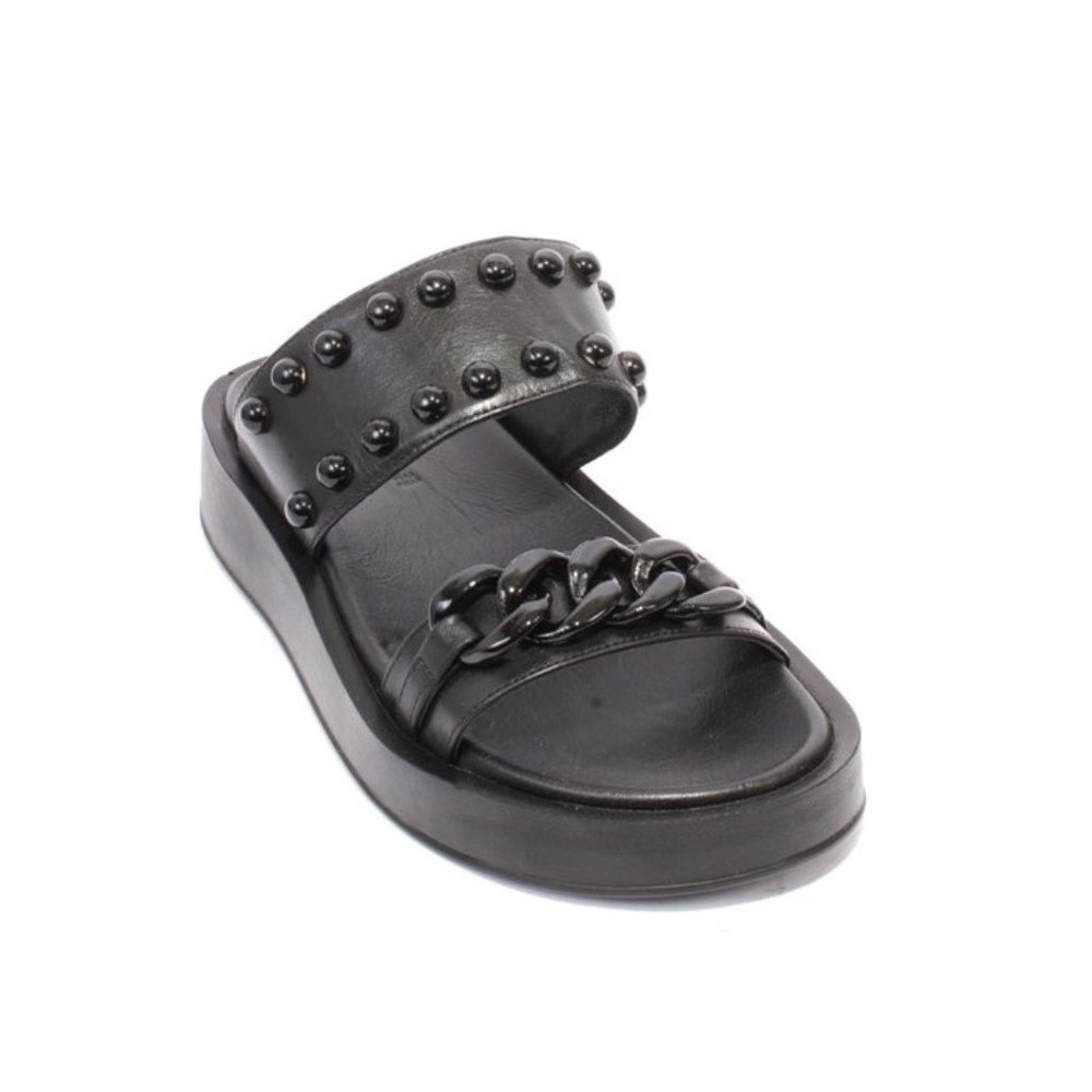 WOz 2587 Black Leather Studded Platform Slides Sandals Shoes